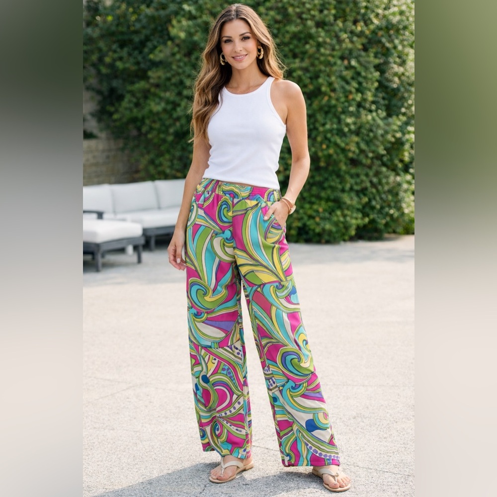 Mitoshop Palazzo Pants Multicolor Wide Leg Boho High Waist S